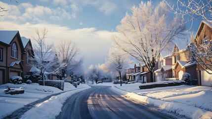 A quiet suburban neighborhood with snow-covered houses and frosted trees lining a peaceful cul-de-sac at twilight