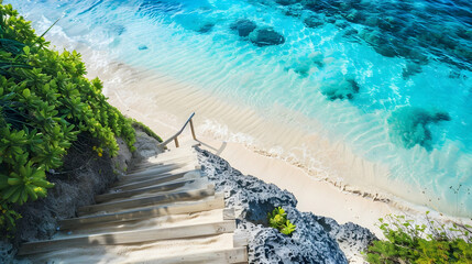 Fototapeta premium A sand dune staircase overlooks a pristine beach with turquoise waters and colorful coral reefs