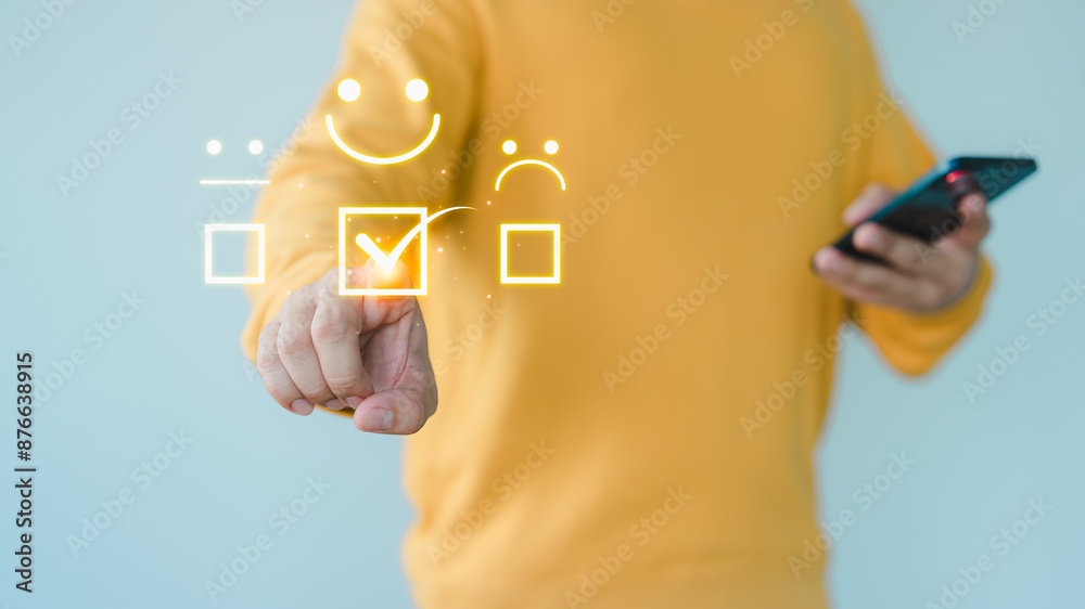 Poster customer hand touch a virtual screen showing a happy smile icon, indicating service satisfaction. bu