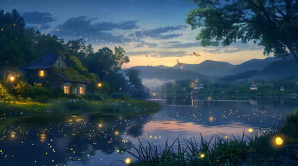 A serene countryside at twilight, with fireflies dancing over a tranquil lake surrounded by quaint cottages and rolling hills