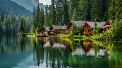 Fototapeta premium A serene lakeside retreat with wooden cabins nestled among pine trees, their reflections shimmering on the water's surface