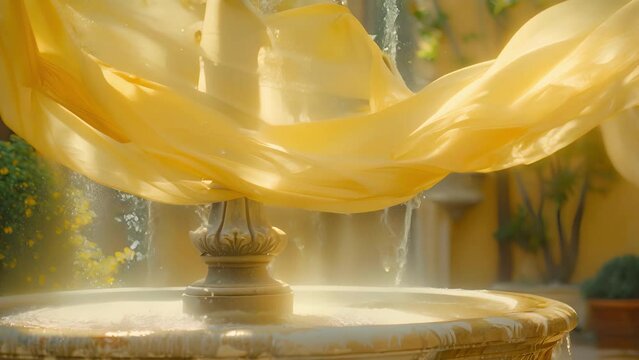 Pale yellow chiffon fabric delicately ds over the courtyard fountain adding a touch of elegance to the scene.