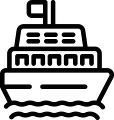 Simple black and white line drawing of a passenger ferry boat sailing on water waves