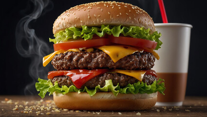 A delicious grilled Angus burger with cheese, lettuce, and tomato on a sesame seed bun. advertising social media