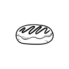 doughnut cake doodle line art with glaze icing topping side view hand drawn illustration vector black line on white isolated background