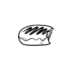 bitten donut pastry doodle line art with glaze side view hand drawn illustration vector black line on white isolated background