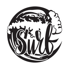 monochrome badge for surfing fitness hipster vintage label, poster, logo or tshirt print with lettering and shaka. Vector illustration