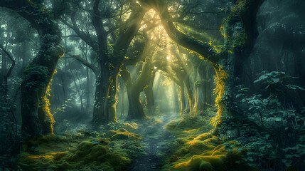 A surreal fantasy forest with glowing trees casting an ethereal light on a moss-covered path