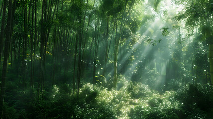Obraz premium A tranquil bamboo forest with sunlight filtering through dense foliage, creating patterns on the forest floor
