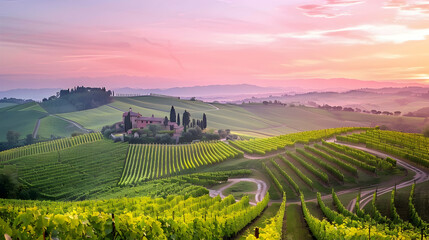A tranquil countryside with rolling vineyards and historic farmhouses, under a soft pink sunset sky