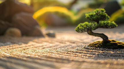 A tranquil Zen garden with meticulously raked gravel and bonsai trees, symbolizing harmony and meditation