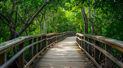 A wooden boardwalk meanders through a vibrant mangrove forest teeming with exotic birds and wildlife