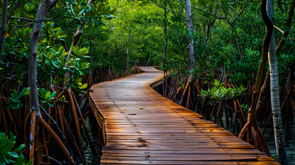 Fototapeta premium A wooden boardwalk meanders through a vibrant mangrove forest teeming with exotic birds and wildlife