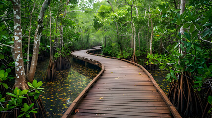 Obraz premium A wooden boardwalk meanders through a vibrant mangrove forest teeming with exotic birds and wildlife