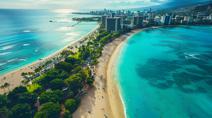 Fototapeta premium Aerial view of a bustling coastal city with sandy beaches, palm-lined avenues, and vibrant nightlife, blending natural beauty with urban energy