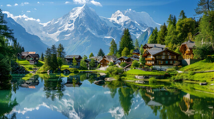 Obraz premium Alpine village nestled in a lush valley with wooden chalets and a crystal-clear mountain lake reflecting snow-capped peaks