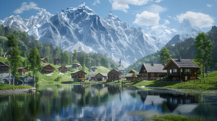 Alpine village nestled in a lush valley with wooden chalets and a crystal-clear mountain lake reflecting snow-capped peaks