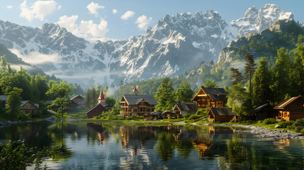 Alpine village nestled in a lush valley with wooden chalets and a crystal-clear mountain lake reflecting snow-capped peaks