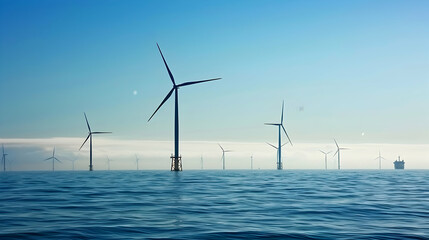 An offshore wind farm with turbines spinning gracefully on the horizon, generating clean electricity from ocean breezes