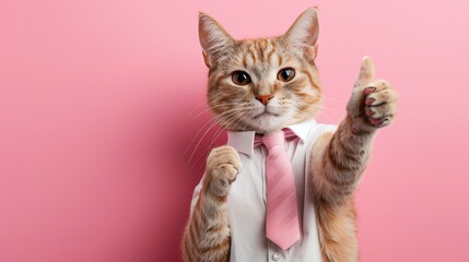 Cat in white shirt and pink tie, thumbs up, pink background, positive vibe
