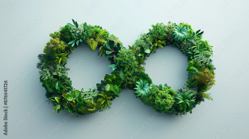 Wall mural infinity symbol made of lush greenery, white background, nature and sustainability