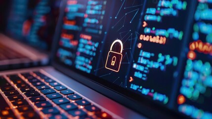 Fototapeta premium Close-up of a laptop screen displaying cybersecurity code and a lock symbol, illustrating data protection and internet security concepts.