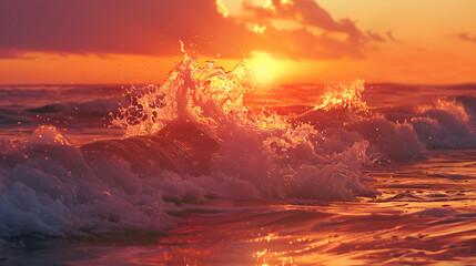 beautiful sunset over the sea with jumping water