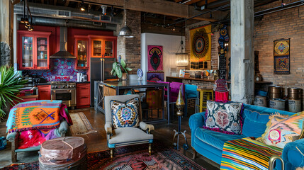 Bohemian Open Living Space with Eclectic Kitchen. Artistic Downtown Loft, Vibrant Colors, and Unique Decor