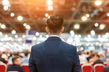 Fototapeta premium Extrovert moderating a panel at a trade show, public interaction