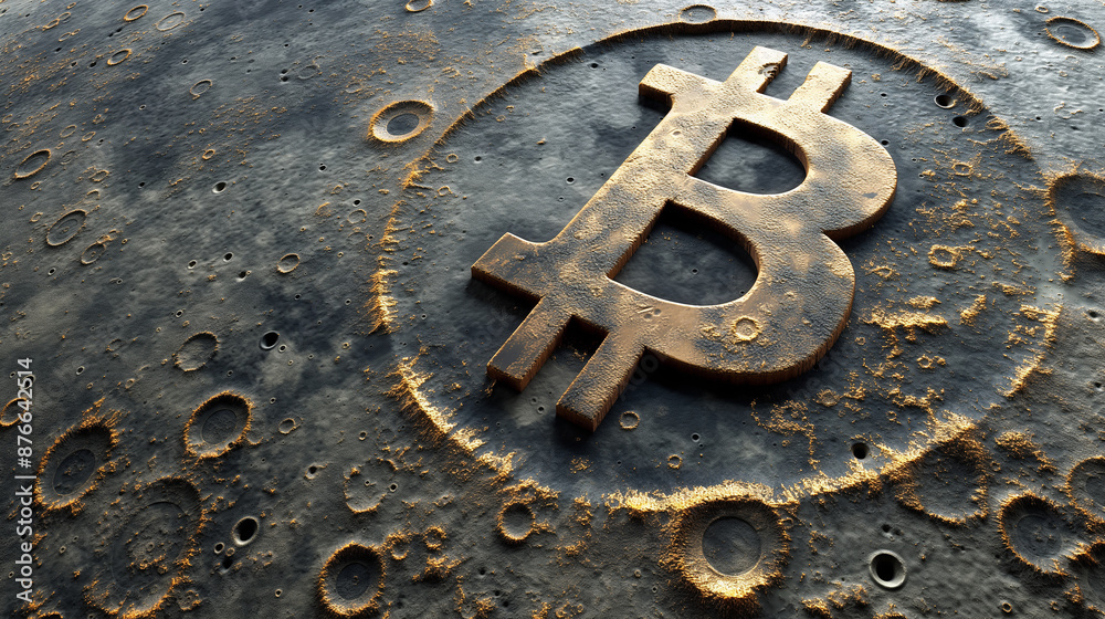 Poster golden bitcoin symbol standing on a realistic lunar surface