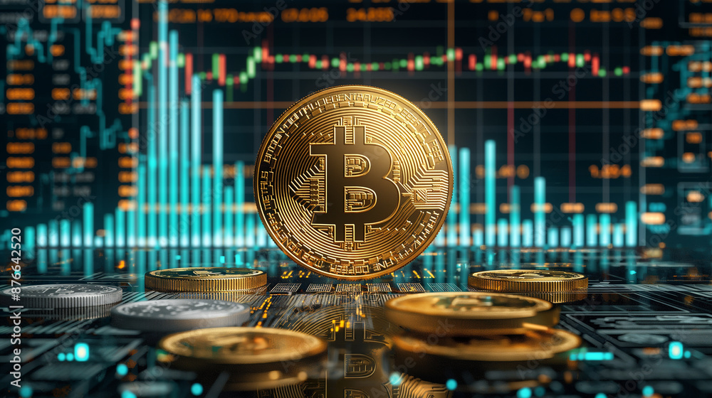 Poster golden bitcoin coin standing out from the crowd on a circuit board
