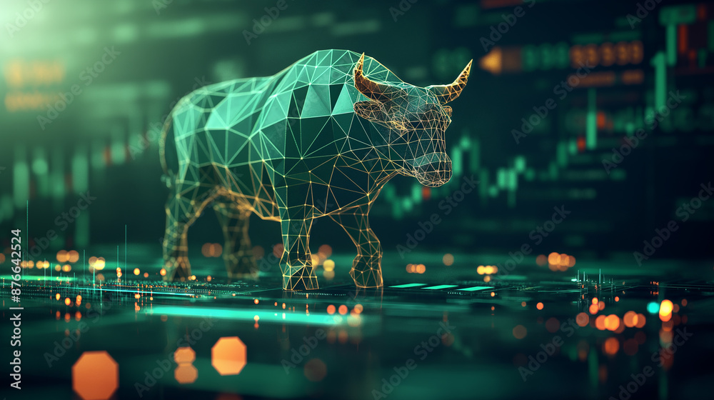 Poster Polygonal bull walking on circuit board with stock market data in background