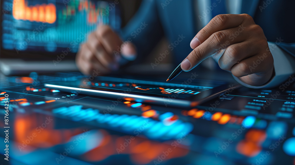 Poster businessman analyzing stock market data on digital tablet with interactive charts