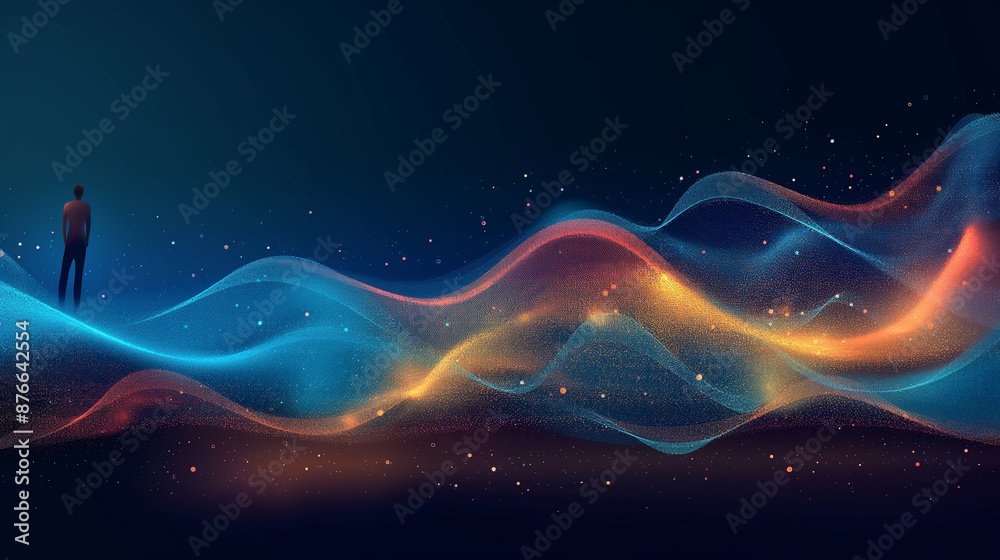 Aufkleber businessman standing on abstract big data stream flowing with information