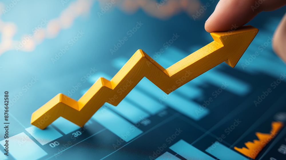 Poster businessman placing yellow up arrow on digital graph displaying growth