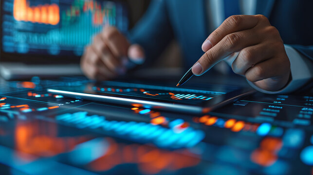 Businessman analyzing stock market data on digital tablet with interactive charts