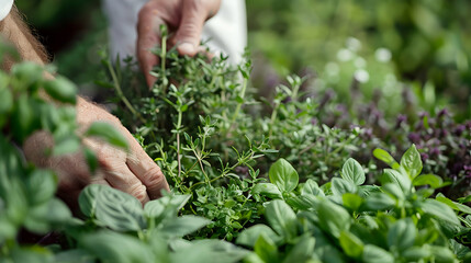 Chefs hand picking fresh herbs from a lush garden bed, with dew-kissed leaves and fragrant blossoms, emphasizing freshness and flavor