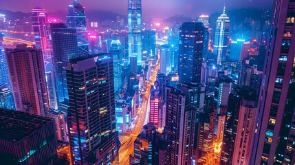 Fototapeta premium Cityscape at night with skyscrapers illuminated by neon lights and bustling streets below