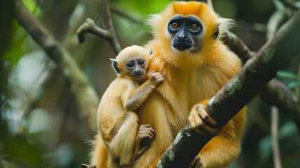Fototapeta premium Close-up of a golden langur mother with her baby, perched on a tree branch in the dense jungle