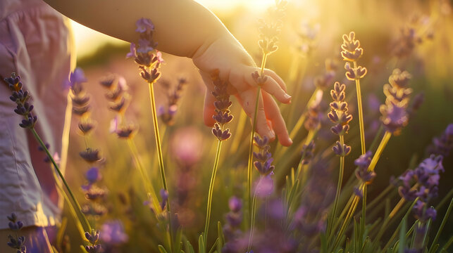 Close-up of a child's hand gently brushing through tall lavender in a sunlit field, the purple blooms swaying in the breeze - Powered by Adobe