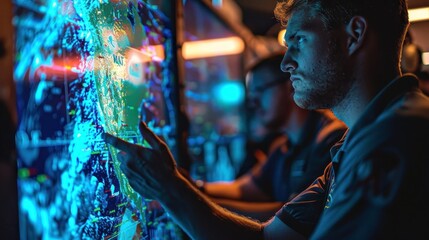 Man Analyzing Map with Blue Lights