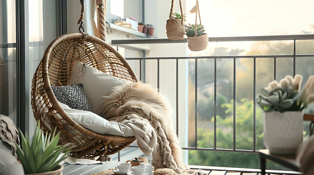 Cozy balcony with hanging chair, fluffy cushions, succulent planter, woven basket, throw blanket, panoramic window, tea set, and personal mementos