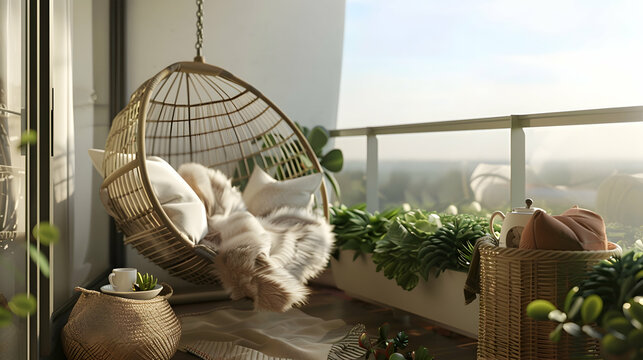 Cozy balcony with hanging chair, fluffy cushions, succulent planter, woven basket, throw blanket, panoramic window, tea set, and personal mementos
