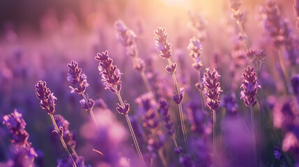 Naklejka premium Delicate lavender flowers swaying in a gentle breeze, with rows of purple blooms stretching to the horizon