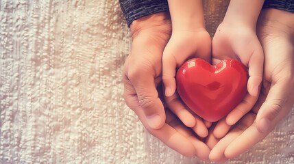 A man and a child are holding a red heart