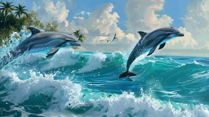 Fototapeta premium Dolphins leaping gracefully in a turquoise ocean, with sparkling waves and a distant tropical island backdrop, conveying playful marine beauty