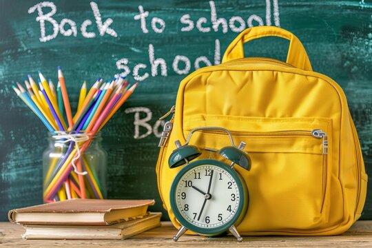 Back to school  yellow backpack with alarm clock and supplies on green background