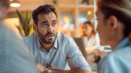 Fototapeta premium A man is talking to another man in a conference room