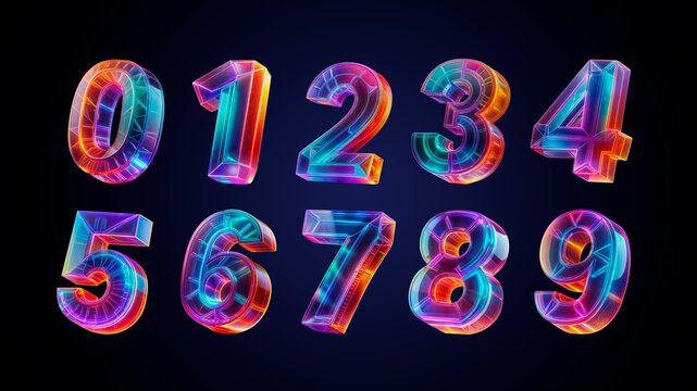 3D rendering of a numbers holographic shape with a flowing color gradient, isolated on a black background. Shimmering light effects on the glass-like surface and a glossy finish. neon orange, purpl