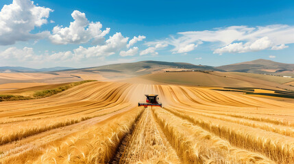 Fototapeta premium Farmer harvesting golden wheat fields with a combine under a bright blue sky, surrounded by vast stretches of farmland and distant rolling hills